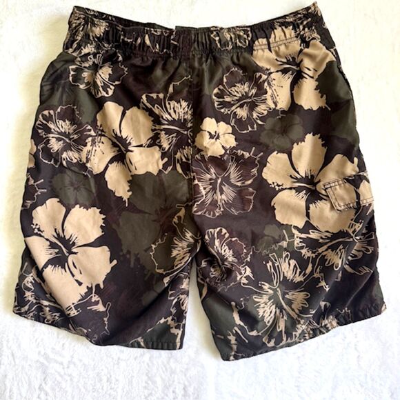 Op Men's SZ XL Swim Suit Trunks Hawaiian Green & Tan Elastic/Tie Waist, Pocket - Picture 2 of 11